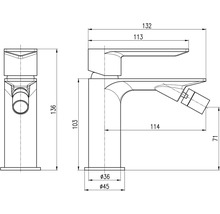 Technický výkres bidetové baterie s rozměry.