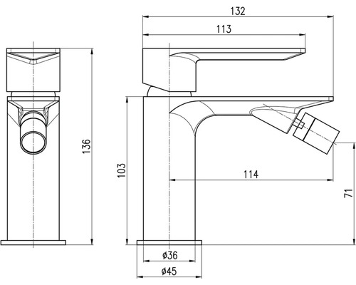 Technický výkres bidetové baterie s rozměry.