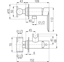 Technický výkres vodovodní baterie s rozměry