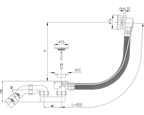 Technický nákres sifonové sady s rozměry