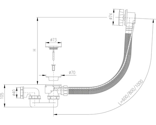 Technický výkres sady odtokové armatury s rozměry