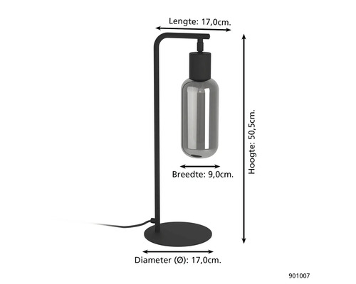 Stolní lampa o rozměrech délka 17,0 cm, šířka 9,0 cm, průměr 17,0 cm a výška 50,5 cm