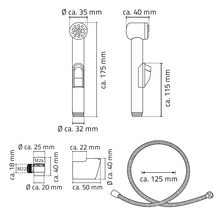 Technický nákres bidetové sprchy s rozměry