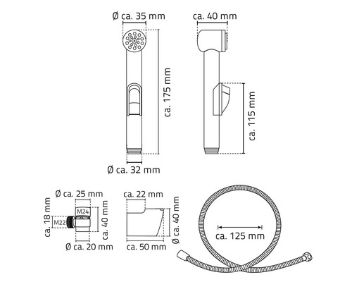 Technický nákres bidetové sprchy s rozměry