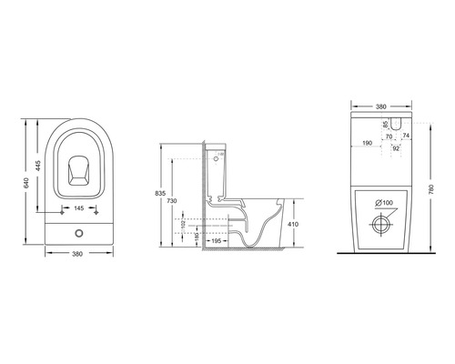 Technický nákres stojícího WC s rozměry
