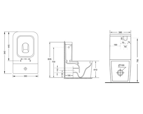 Technický nákres stojícího WC s rozměry