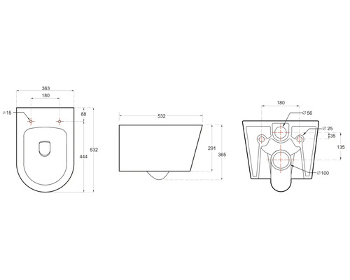 Technický nákres závěsného WC s rozměry
