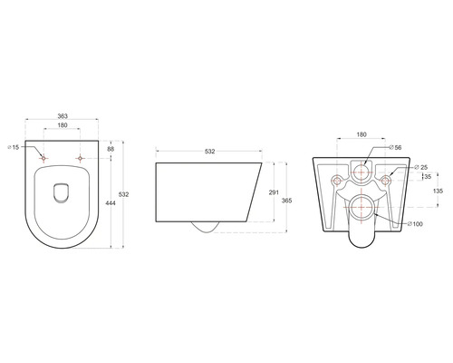 Technický výkres závěsného WC s rozměry