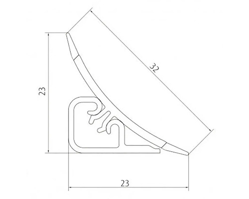 Technický výkres těsnicího profilu o rozměrech 23 mm, 23 mm a 32 mm