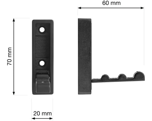 Obrázek držáku nářadí o rozměrech 70 mm na výšku, 60 mm na šířku a 20 mm do hloubky.