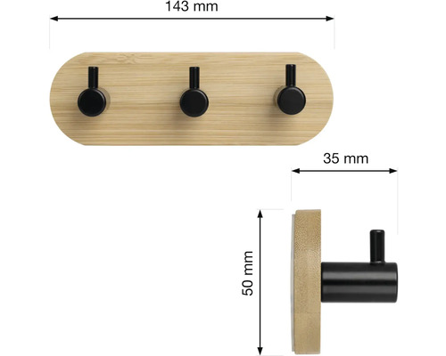 Obrázek bambusového věšáku se třemi háčky a rozměry