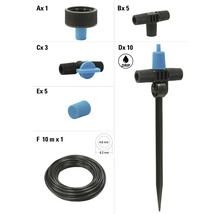 Různé díly zahradního zavlažování a symbol kapky.