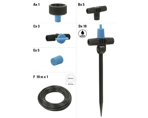 Různé díly zahradního zavlažování a symbol kapky.