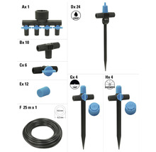 Zahradní zavlažovací systém s postřikovači, rozdělovači, hadicí a příslušenstvím