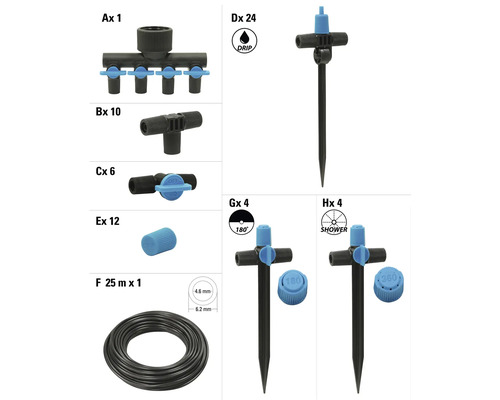 Zahradní zavlažovací systém s postřikovači, rozdělovači, hadicí a příslušenstvím