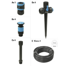 Sada příslušenství k zahradní hadici, skládající se z hadicové spojky, postřikovače, prodloužení a zemního hrotu a 15metrové hadice