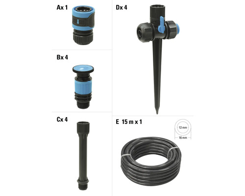 Sada příslušenství k zahradní hadici, skládající se z hadicové spojky, postřikovače, prodloužení a zemního hrotu a 15metrové hadice