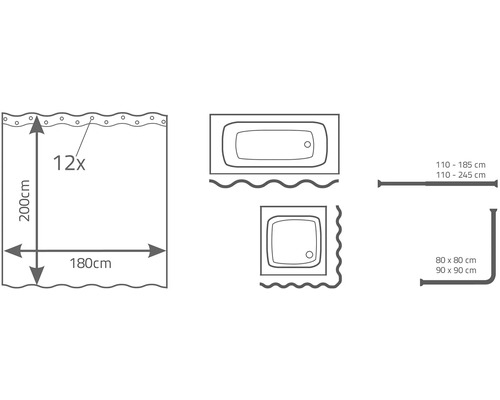 Ilustrace sprchového závěsu o rozměrech 200 cm na výšku a 180 cm na šířku, stejně jako tvary van a sprchových koutů a sprchové tyče v různých velikostech.