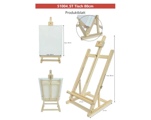 Dřevěný stolní malířský stojan, vhodný pro plátna do maximální velikosti 44 x 60 cm, maximální výška 80 cm