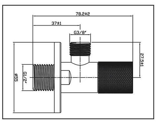 Technický nákres rohového regulačního ventilu s rozměry