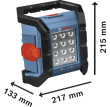 Logo Bosch na staveništní lampě o rozměrech 215 mm výška, 133 mm šířka a 217 mm délka