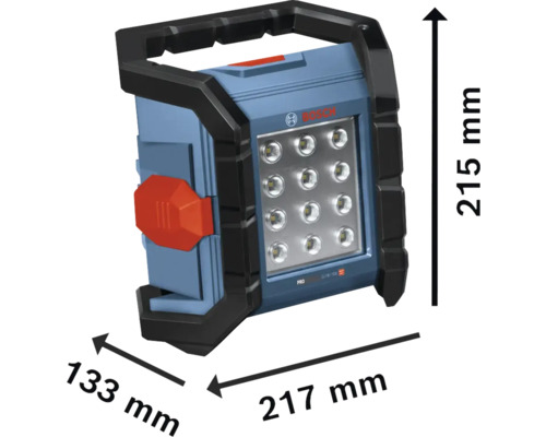 Logo Bosch na staveništní lampě o rozměrech 215 mm výška, 133 mm šířka a 217 mm délka
