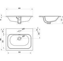 Technický výkres umyvadla s rozměry.