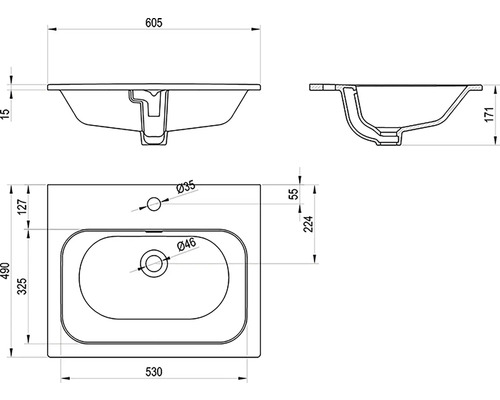 Technický výkres umyvadla s rozměry.