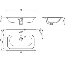 Technický nákres umyvadla s rozměry.