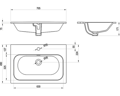 Technický nákres umyvadla s rozměry.