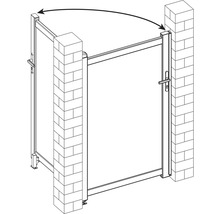 Nákres zahradní branky s otočným pohybem mezi dvěma zděnými sloupky
