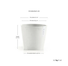 Květináč Ecopots Amsterdam 20: vnější průměr 20 centimetrů, vnitřní průměr 18,5 centimetrů, výška 17,1 centimetrů, objem 4 litry.