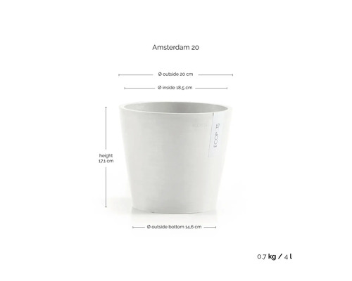 Květináč Ecopots Amsterdam 20: vnější průměr 20 centimetrů, vnitřní průměr 18,5 centimetrů, výška 17,1 centimetrů, objem 4 litry.