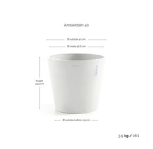 Květináč Ecopots Amsterdam 40: vnější průměr 40 centimetrů, vnitřní průměr 36,6 centimetrů, výška 34,5 centimetrů, objem 28 litrů.