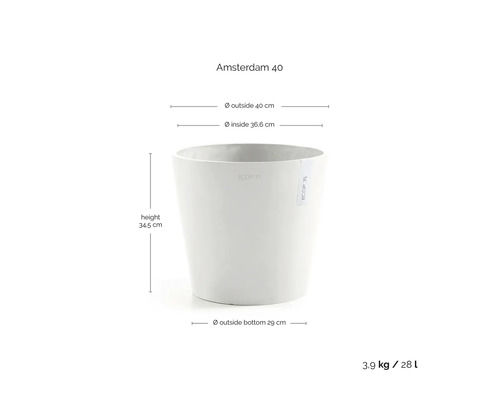 Květináč Ecopots Amsterdam 40: vnější průměr 40 centimetrů, vnitřní průměr 36,6 centimetrů, výška 34,5 centimetrů, objem 28 litrů.