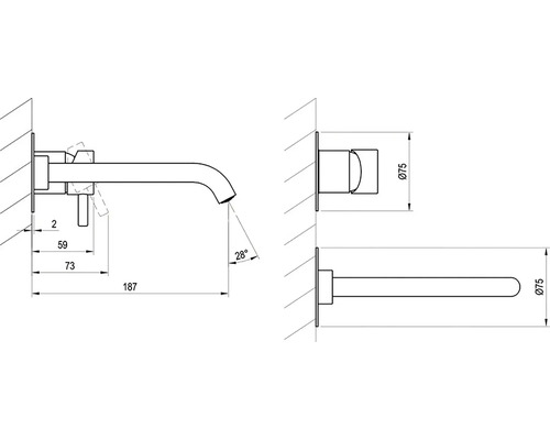 Technický výkres vodovodní baterie s rozměry