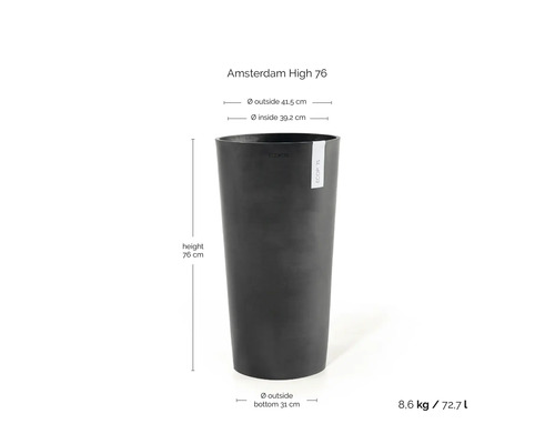 Květináč ECOPOTS Amsterdam High 76, plast, výška 76 centimetrů, vnější průměr nahoře 41,5 centimetrů, objem 72,7 litru.