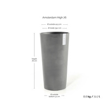 Šedý vysoký květináč ECOPOTS Amsterdam High 76: výška 76 centimetrů, vnější průměr 41,5 centimetrů, objem 72,7 litrů.