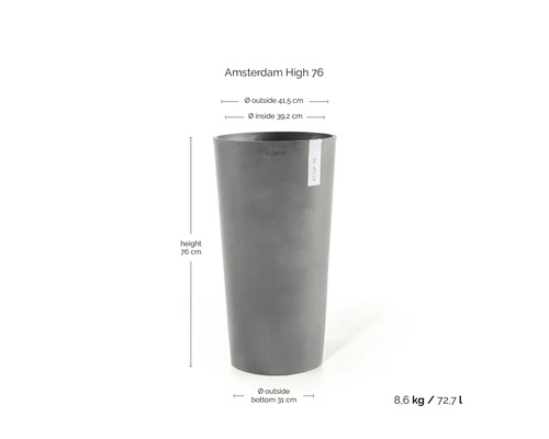 Šedý vysoký květináč ECOPOTS Amsterdam High 76: výška 76 centimetrů, vnější průměr 41,5 centimetrů, objem 72,7 litrů.
