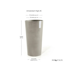 Vysoký květináč Amsterdam High 76 od ECOPOTS. Výška 76 centimetrů, horní průměr 41,5 centimetrů, dolní 31 centimetrů, objem 72,7 litrů.