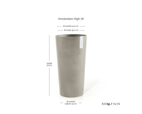 Vysoký květináč Amsterdam High 76 od ECOPOTS. Výška 76 centimetrů, horní průměr 41,5 centimetrů, dolní 31 centimetrů, objem 72,7 litrů.
