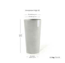 Květináč Ecopots Amsterdam High 76 s Ecopots Logo: výška 76 centimetrů, průměr 41,5 centimetrů, hmotnost 8,6 kilogramů, objem 72,7 litrů.