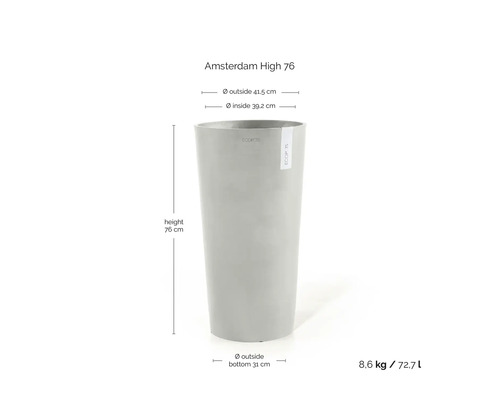 Květináč Ecopots Amsterdam High 76 s Ecopots Logo: výška 76 centimetrů, průměr 41,5 centimetrů, hmotnost 8,6 kilogramů, objem 72,7 litrů.