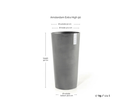 Květináč Ecopots Amsterdam Extra High 90: výška 90 centimetrů, vnější průměr nahoře 50 centimetrů, objem 124 litrů.