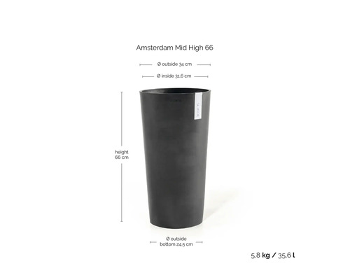 Vysoký tmavý květináč ECOPOTS Amsterdam Mid High 66 s rozměry: výška 66 centimetrů, průměr 34 centimetrů, objem 35,6 litru.