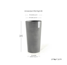 Šedý květináč Ecopots Amsterdam Mid High 66: výška 66 centimetrů, vnější průměr 34 centimetrů, objem 35,6 litru, hmotnost 5,8 kilogramu.