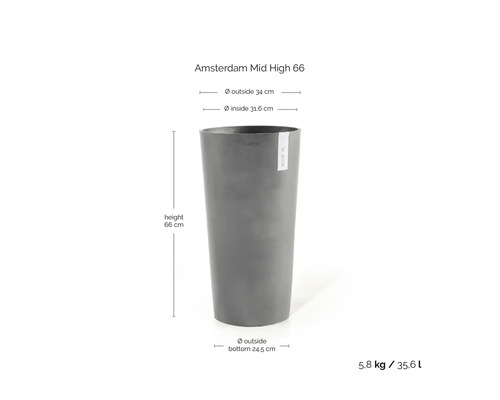 Šedý květináč Ecopots Amsterdam Mid High 66: výška 66 centimetrů, vnější průměr 34 centimetrů, objem 35,6 litru, hmotnost 5,8 kilogramu.