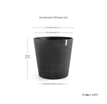 Květináč Amsterdam Wheels 100 s rozměry: výška 90 centimetrů, vnější průměr 100,2 centimetrů, průměr dna 75,5 centimetrů.