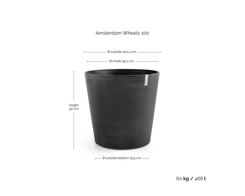 Květináč Amsterdam Wheels 100 s rozměry: výška 90 centimetrů, vnější průměr 100,2 centimetrů, průměr dna 75,5 centimetrů.