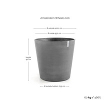 Květináč Amsterdam Wheels 100: výška 90 centimetrů, vnější průměr 100,2 centimetrů, hmotnost 60 kilogramů, objem 466 litrů.